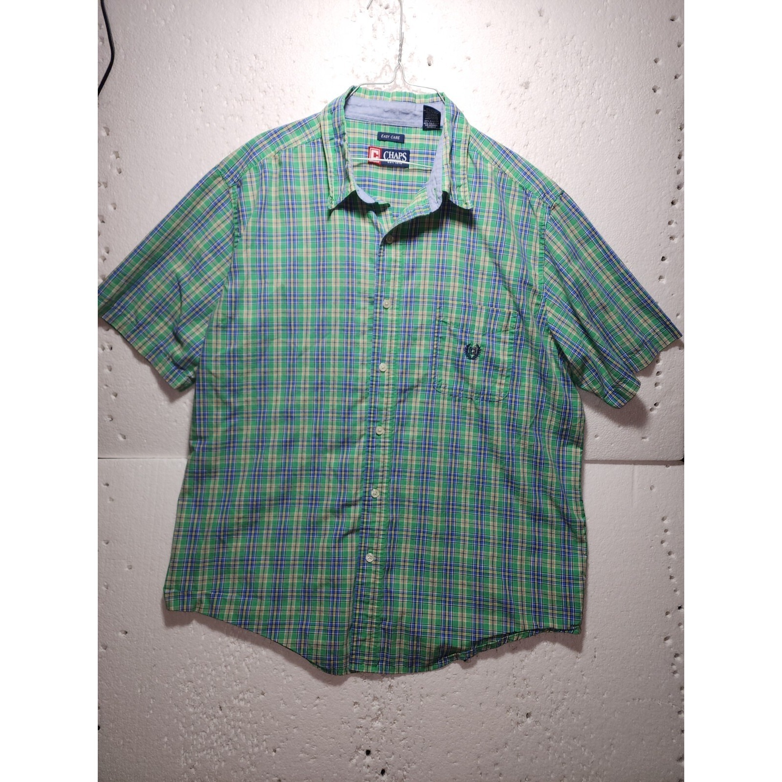 Chaps Shirt Mens Xl Green Blue Yellow Plaid Button Up Collared Short Sleeve Logo